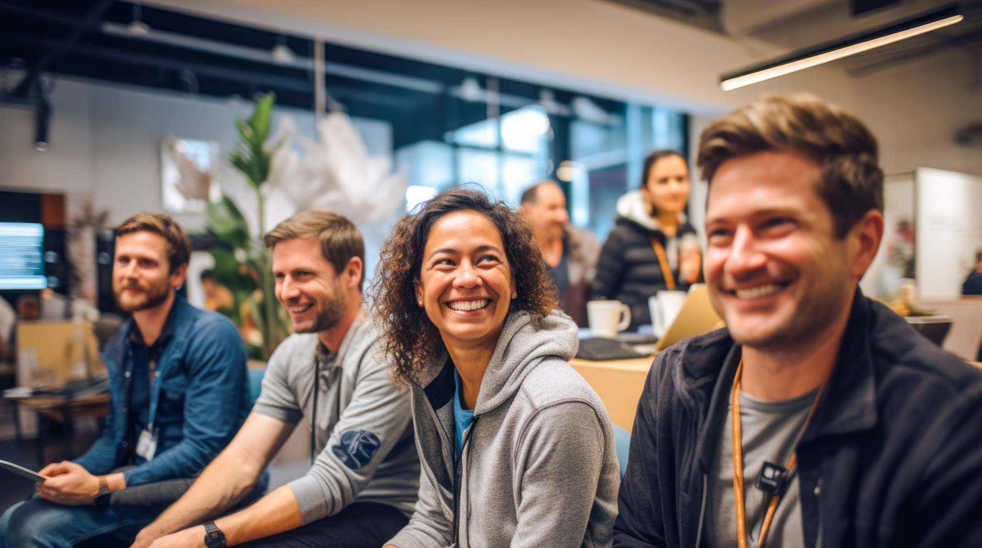Diverse team of co-workers smiling together in a collaborative workspace