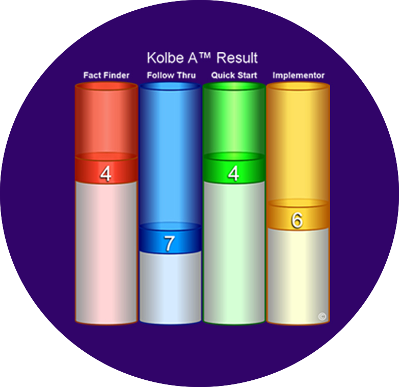 Kolbe A Index chart showing the four Action Modes: Fact Finder, Follow Thru, Quick Start, and Implementor